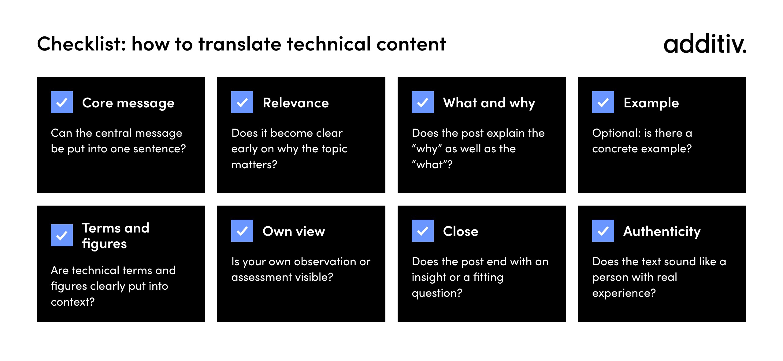 Checklist for technical LinkedIn posts: core message in one sentence, early relevance, the why as well as the what, optional example, terms and figures explained, own assessment, insight or question at the end, real experience