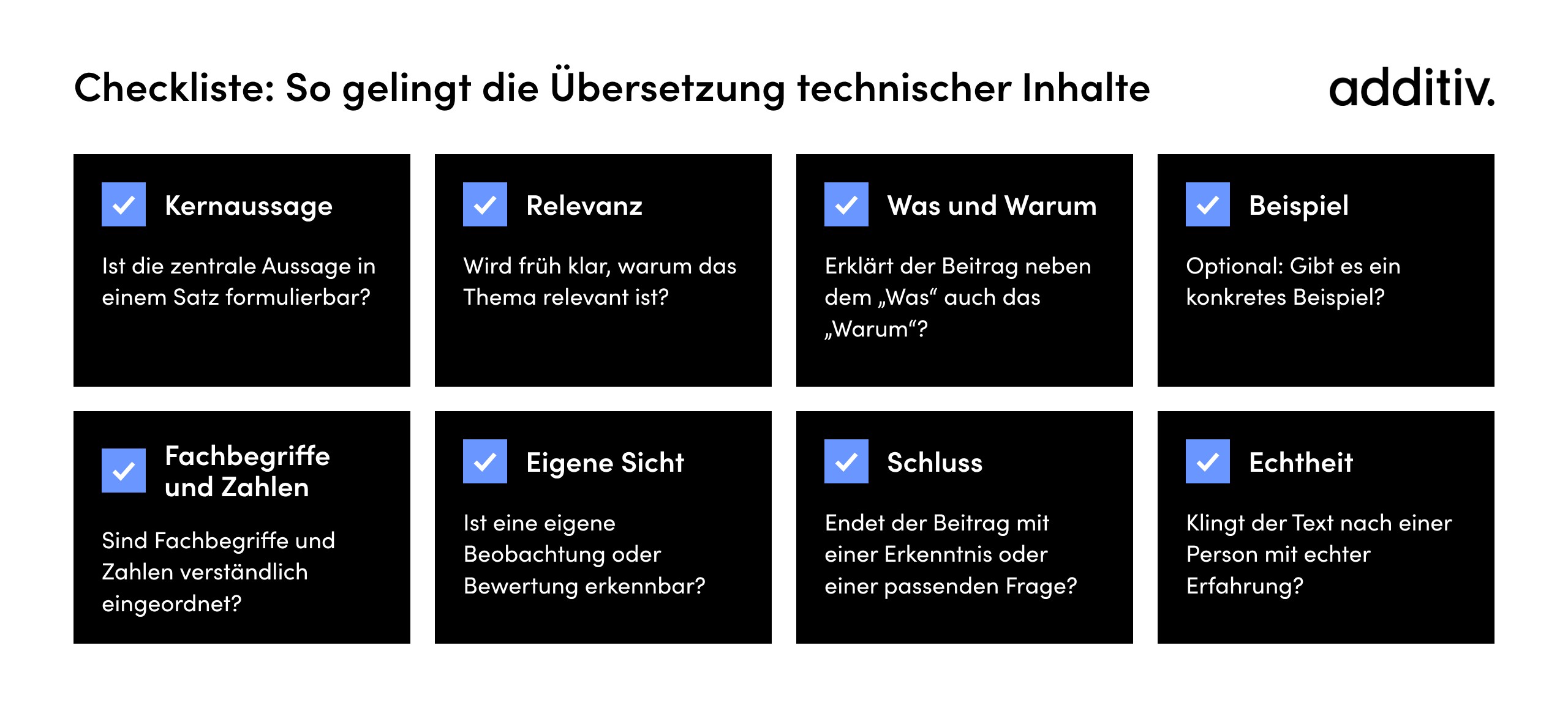Checkliste für technische LinkedIn-Beiträge: Kernaussage in einem Satz, Relevanz früh klar, neben dem Was auch das Warum, optional ein Beispiel, Fachbegriffe und Zahlen eingeordnet, eigene Bewertung, Erkenntnis oder Frage am Schluss, echte Erfahrung