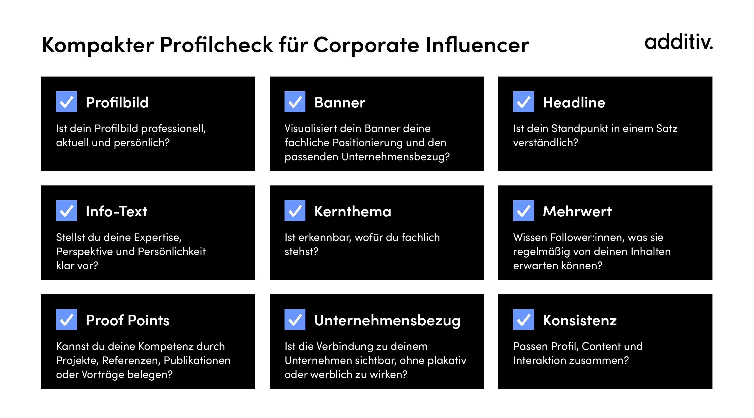 Kompakter Profilcheck für Corporate Influencer in neun Fragen zu Profilbild, Banner, Headline, Info-Text, Kernthema, Mehrwert, Proof Points, Unternehmensbezug und Konsistenz, additiv